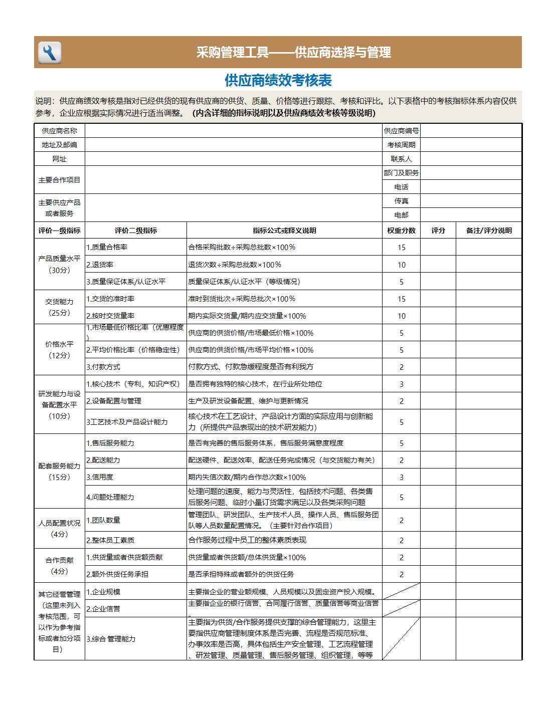 供應(yīng)商績(jī)效考核表Excel模板