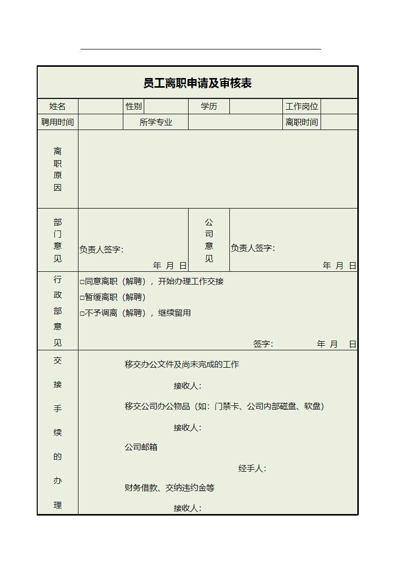 员工离职申请及审批表模板excel表格Excel模板