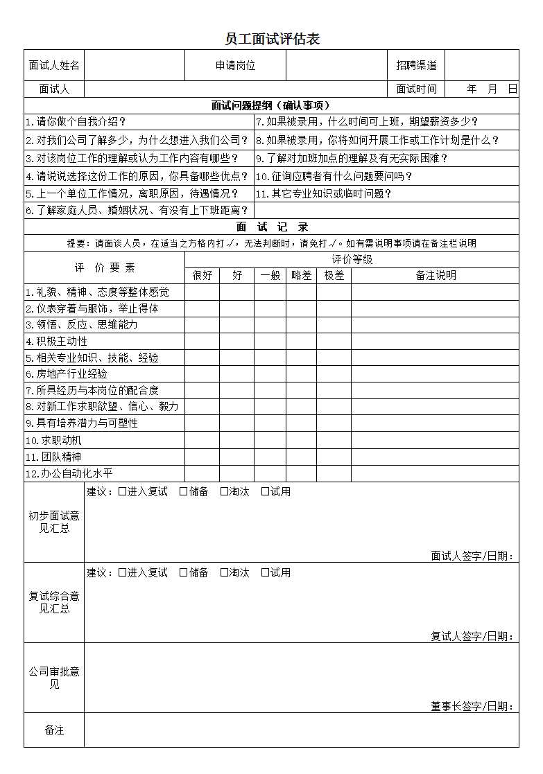 招聘員工面試評估表Excel模板