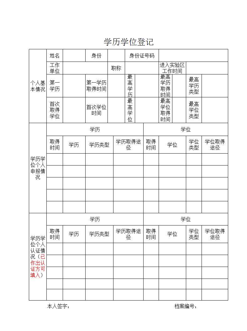 學歷登記表Excel模板