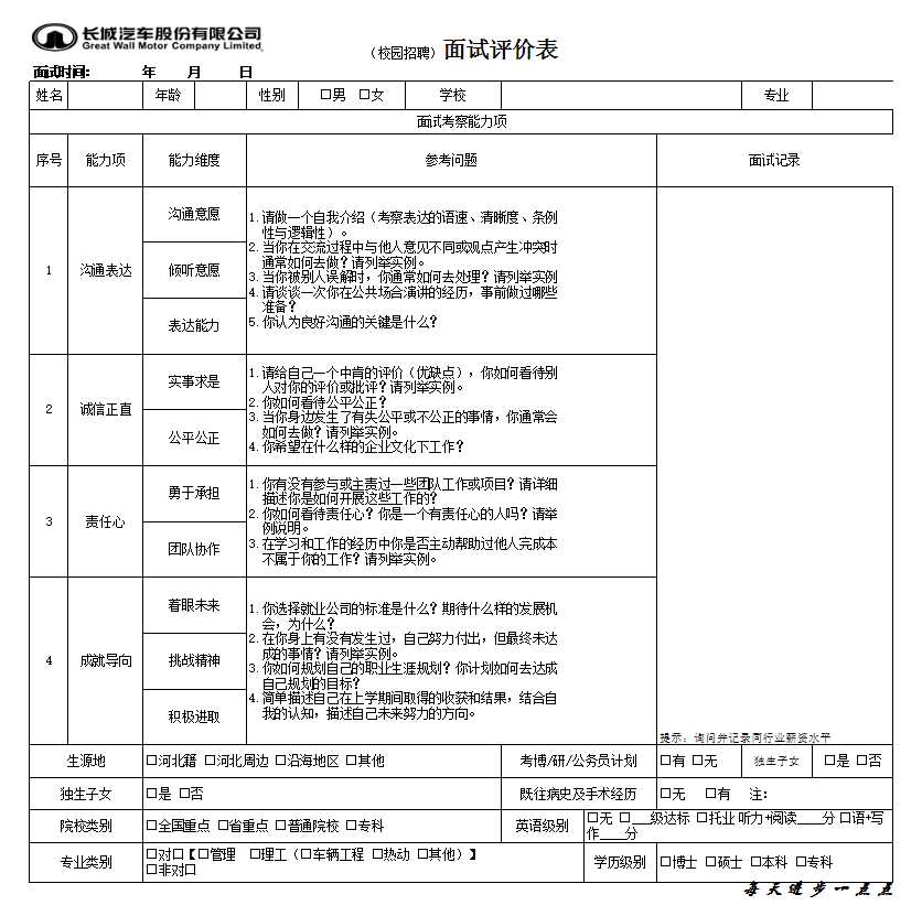 校園招聘面試評價表評審Excel模板