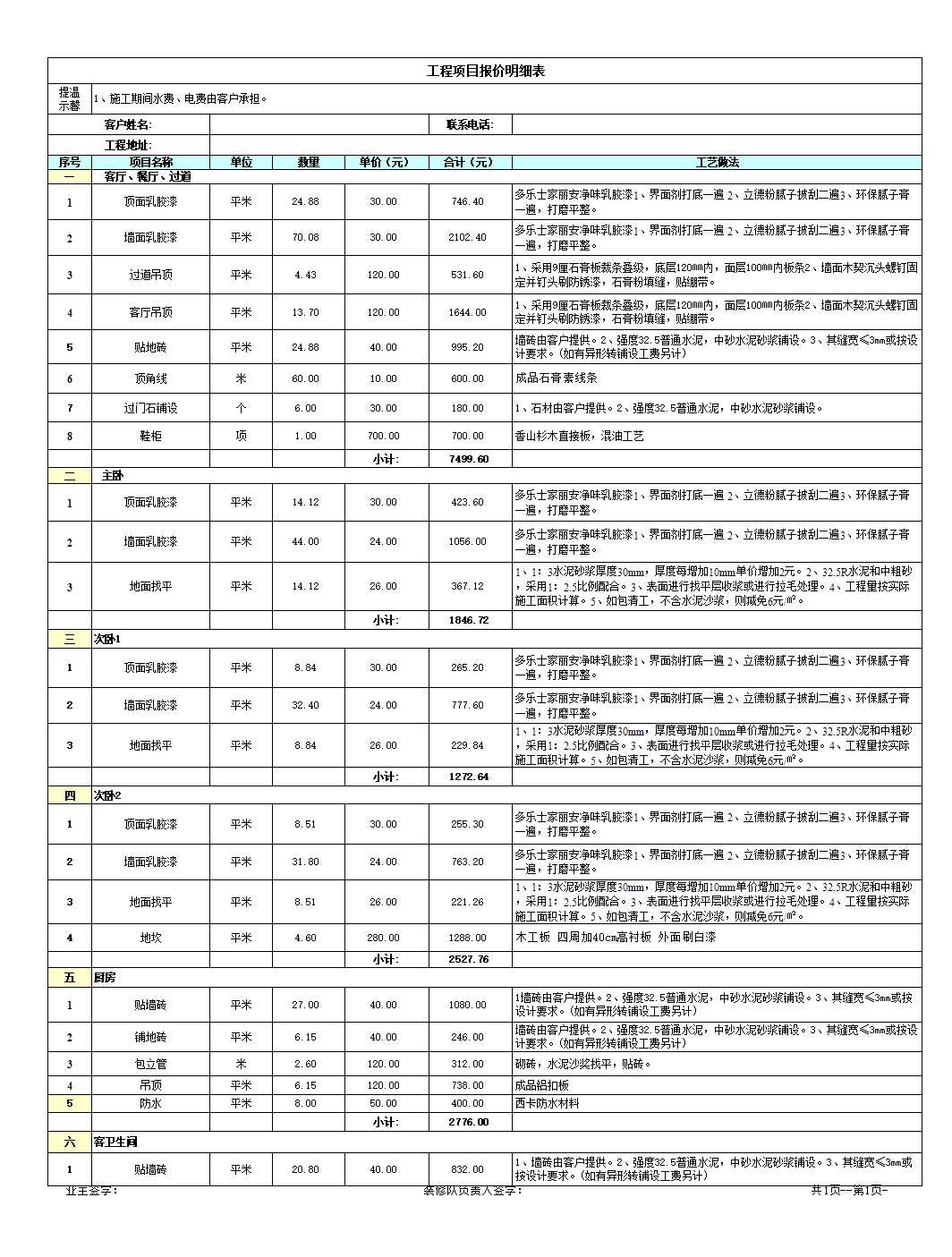 装修价格预算表Excel模板