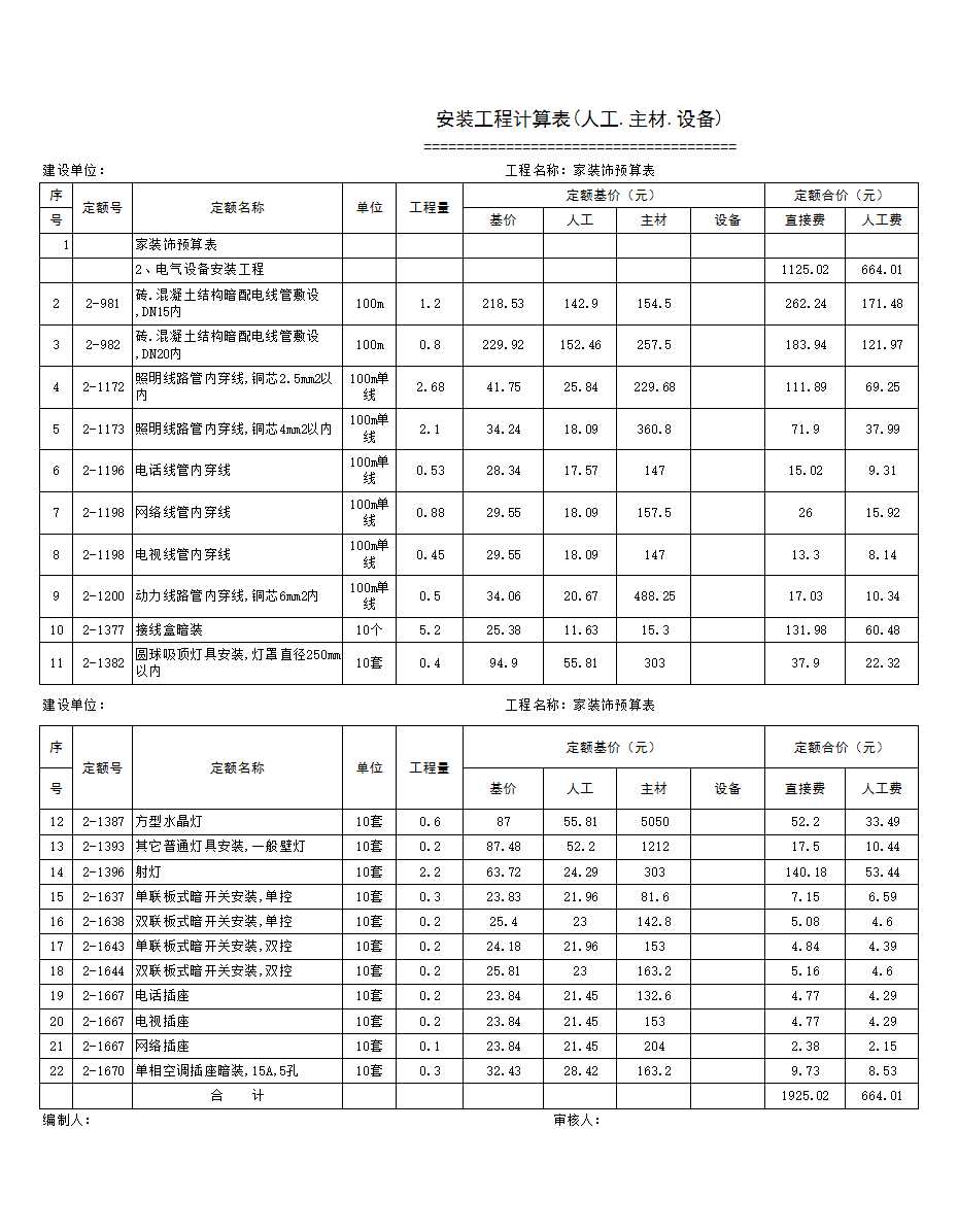 安装预算表Excel模板