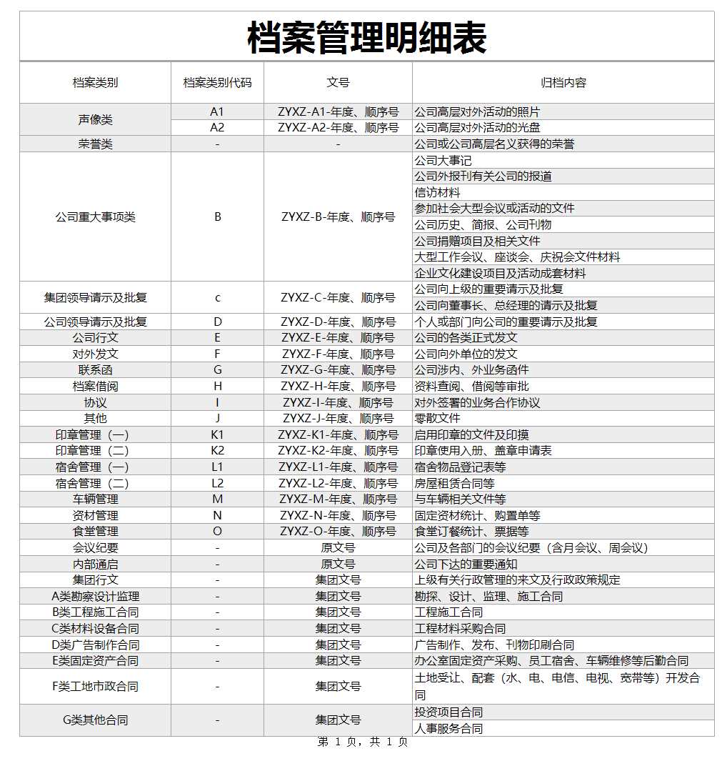 檔案管理明細表Excel模板