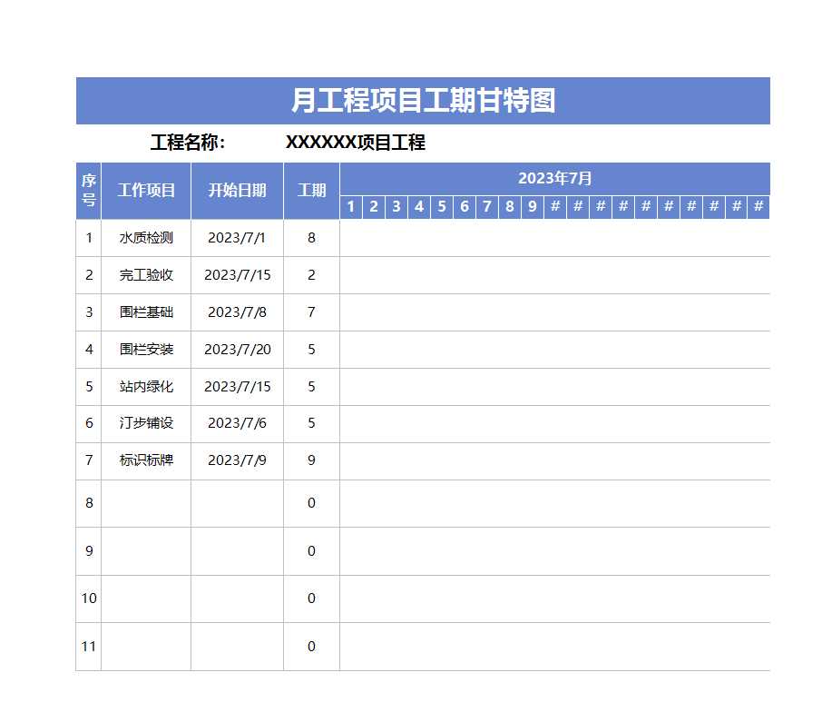 月工程項目工期甘特圖Excel模板