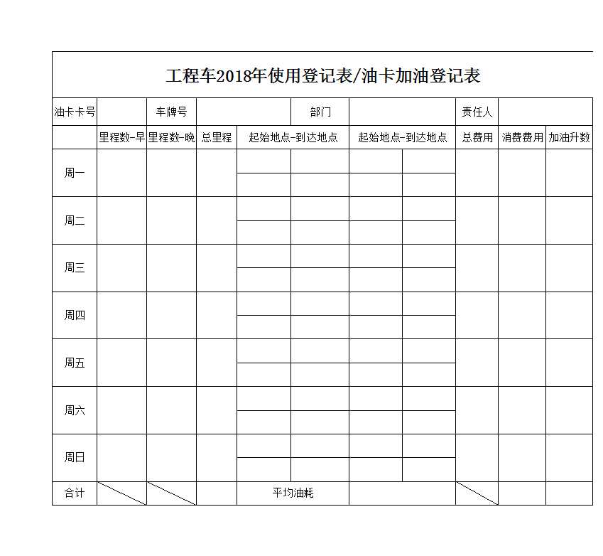 車輛管理臺賬里程Excel模板