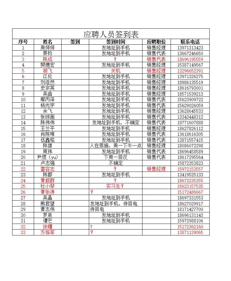 模板簽到表Excel模板