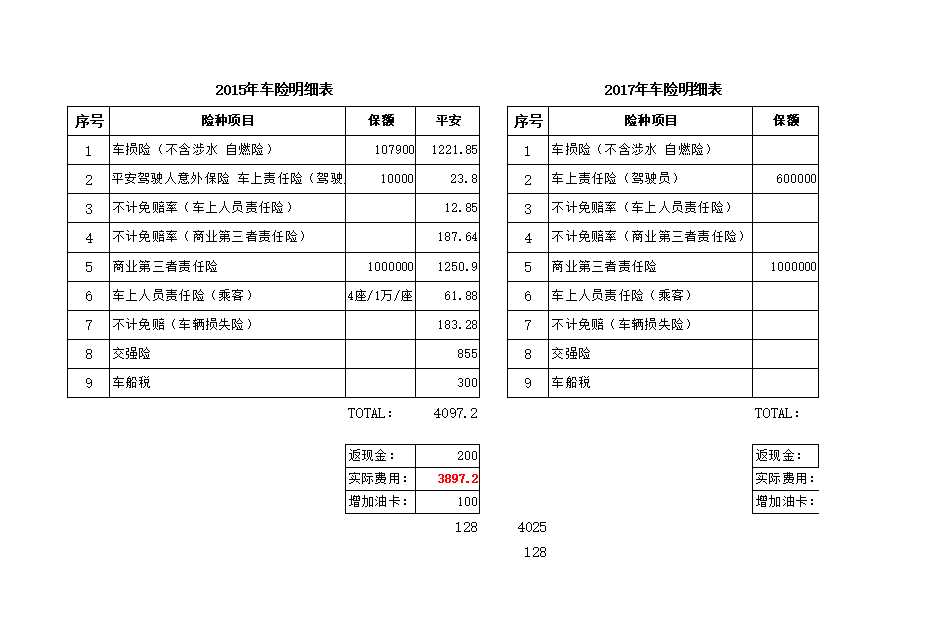 车辆保险明细项目Excel模板