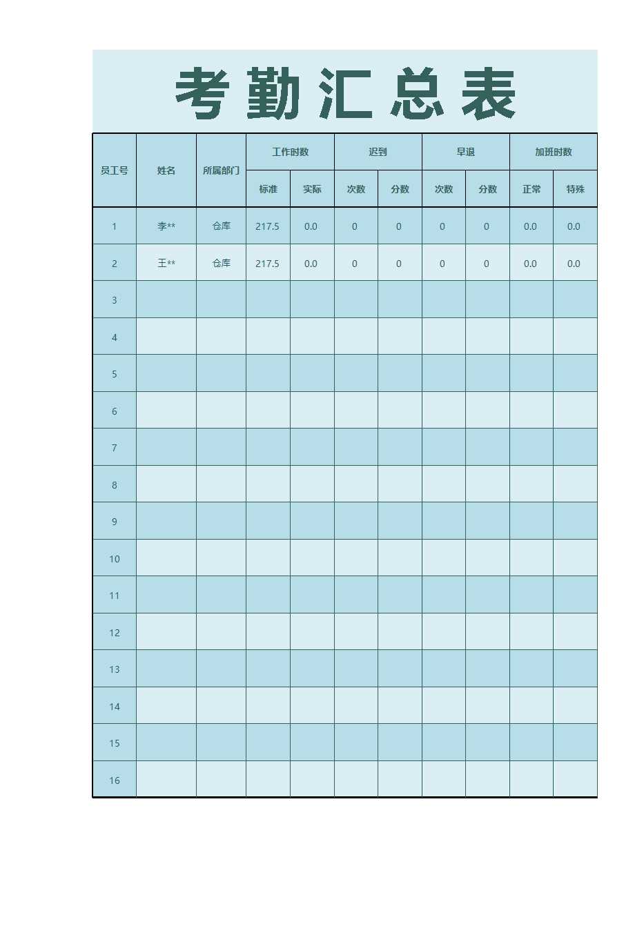 考勤匯總表Excel模板