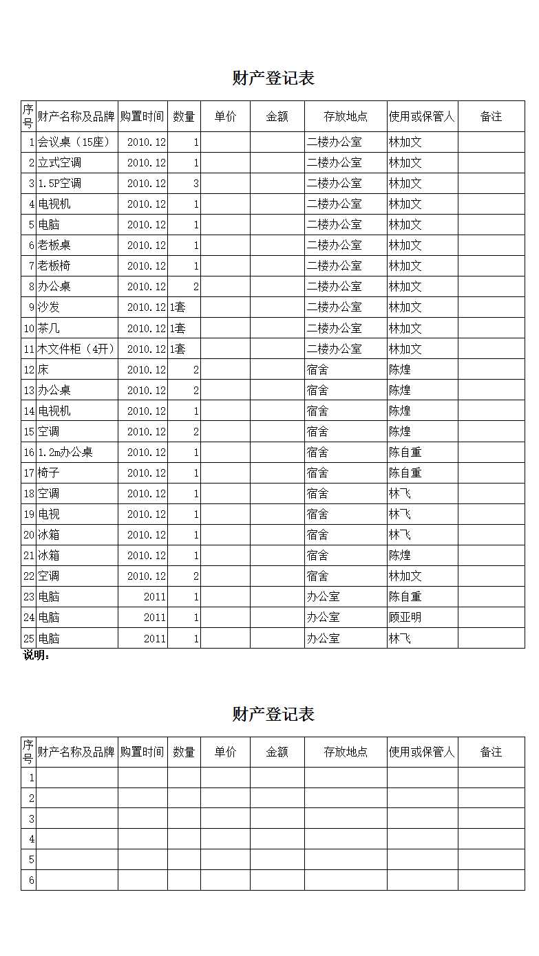 财产登记表Excel模板