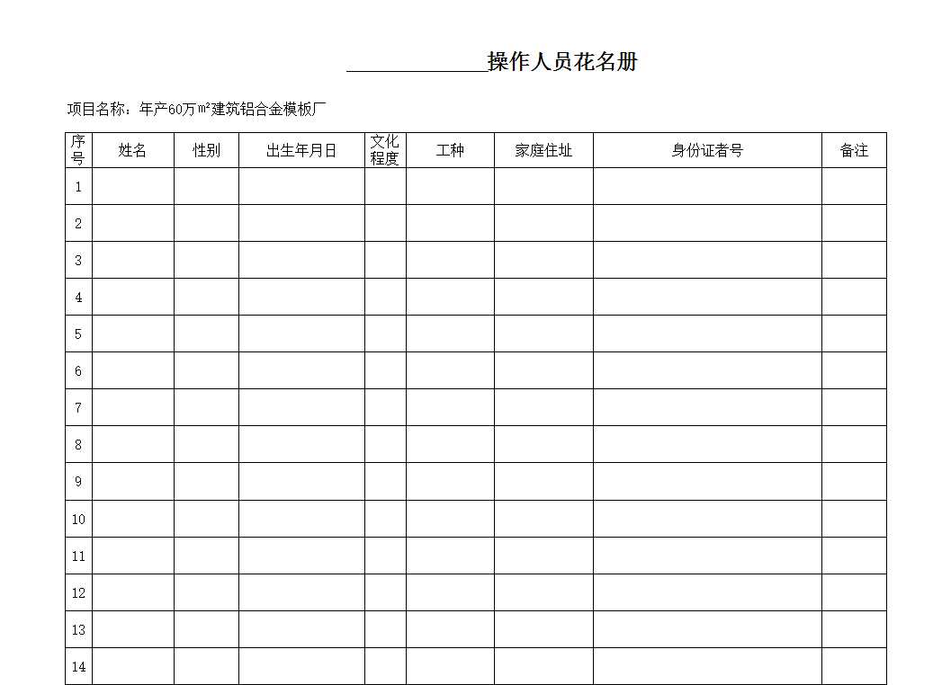 操作人员花名册Excel模板