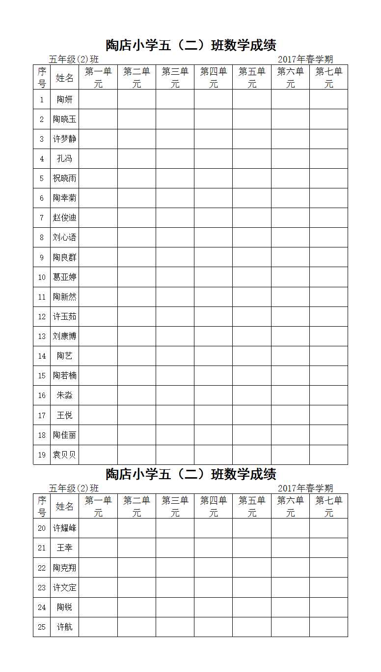 学生各单元成绩表Excel模板