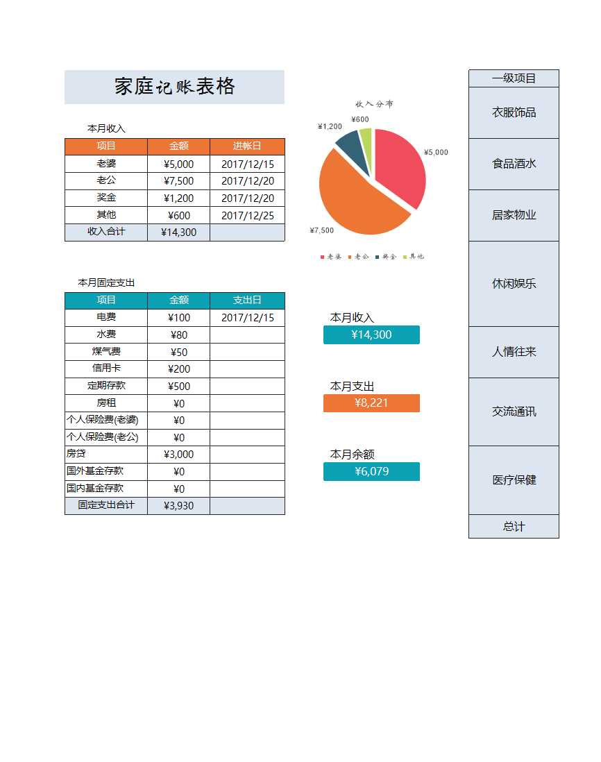 家庭記賬表格Excel模板