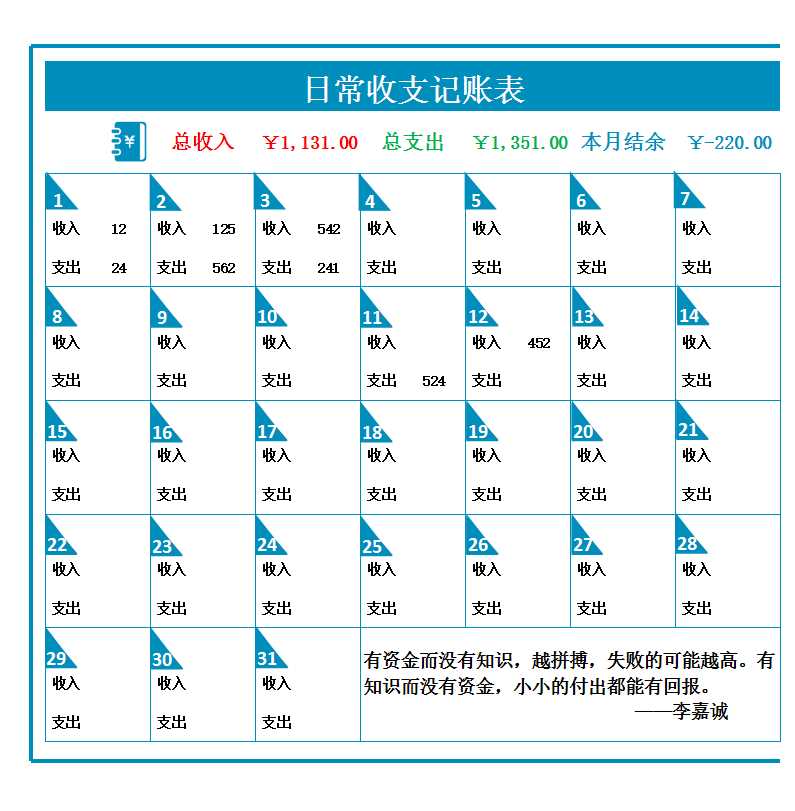 日常收支記賬表Excel模板