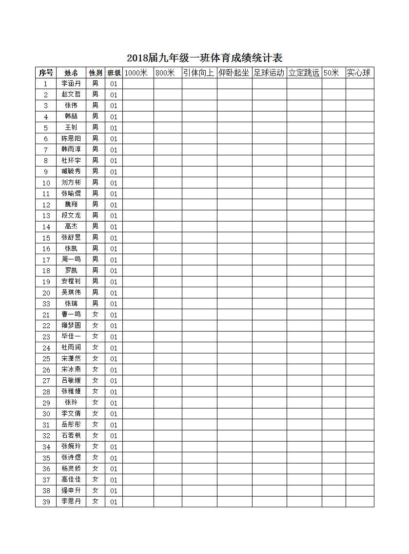 体育考试成绩表Excel模板