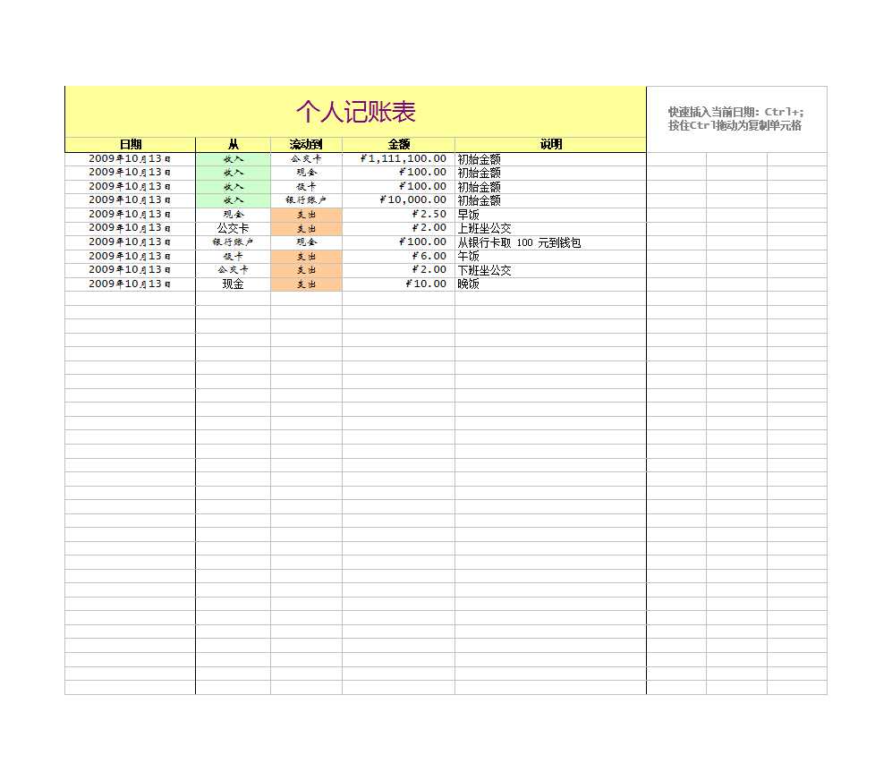 個人記賬表格(原始)Excel模板