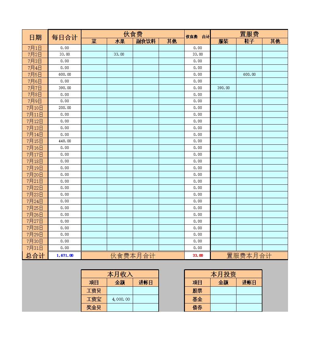个人日常生活记账表Excel模板_09