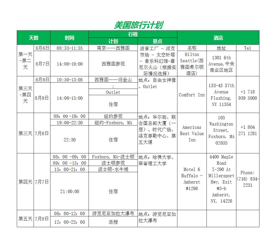 美國旅游行程安排Excel模板