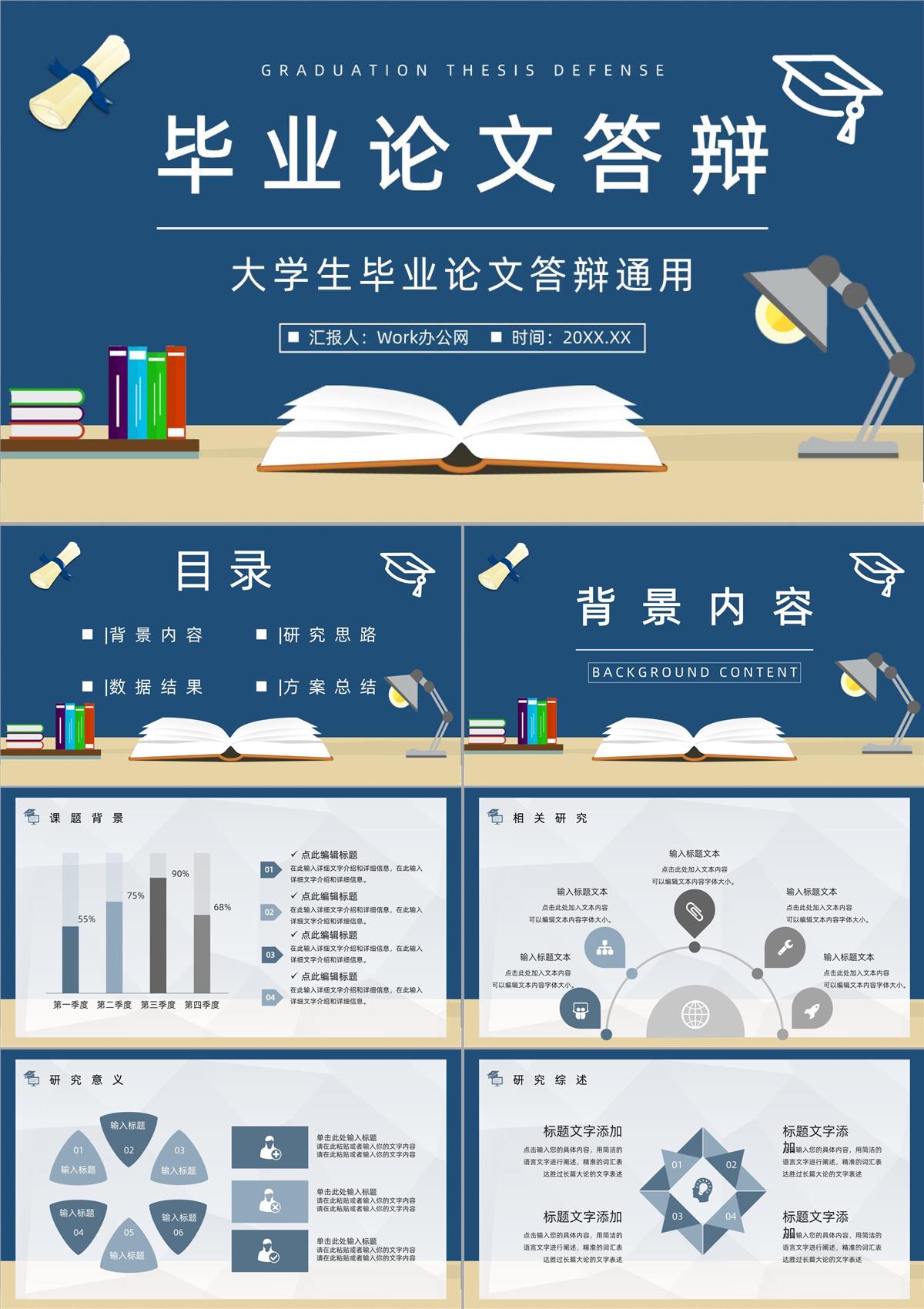 深藍色手繪畢業論文答辯PPT模板