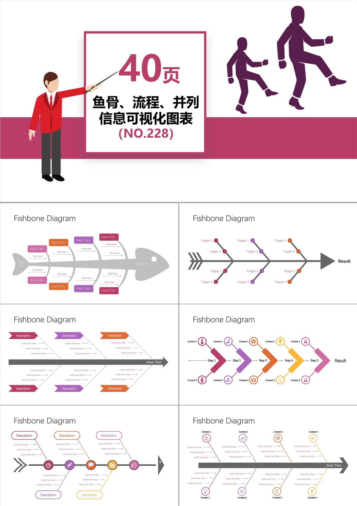 40套鱼骨流程并列信息可视化PPT图表PPT模板