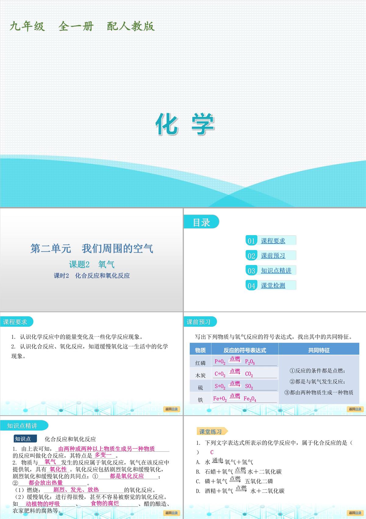 最新人教版九年級全一冊化學第二單元我們周圍的空氣-課題2--氧氣--課時2--化合反應和氧化反應PPT模板