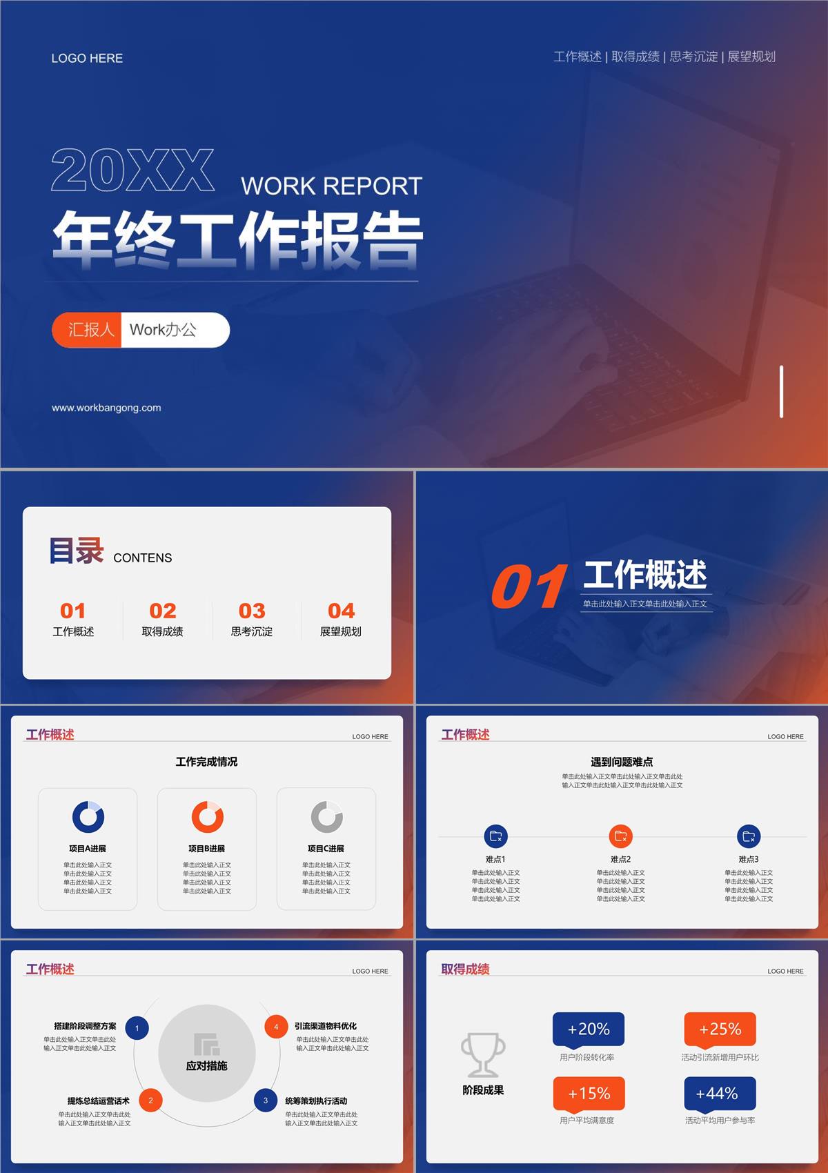 蓝橙渐变简约风通用年终工作报告PPT模板