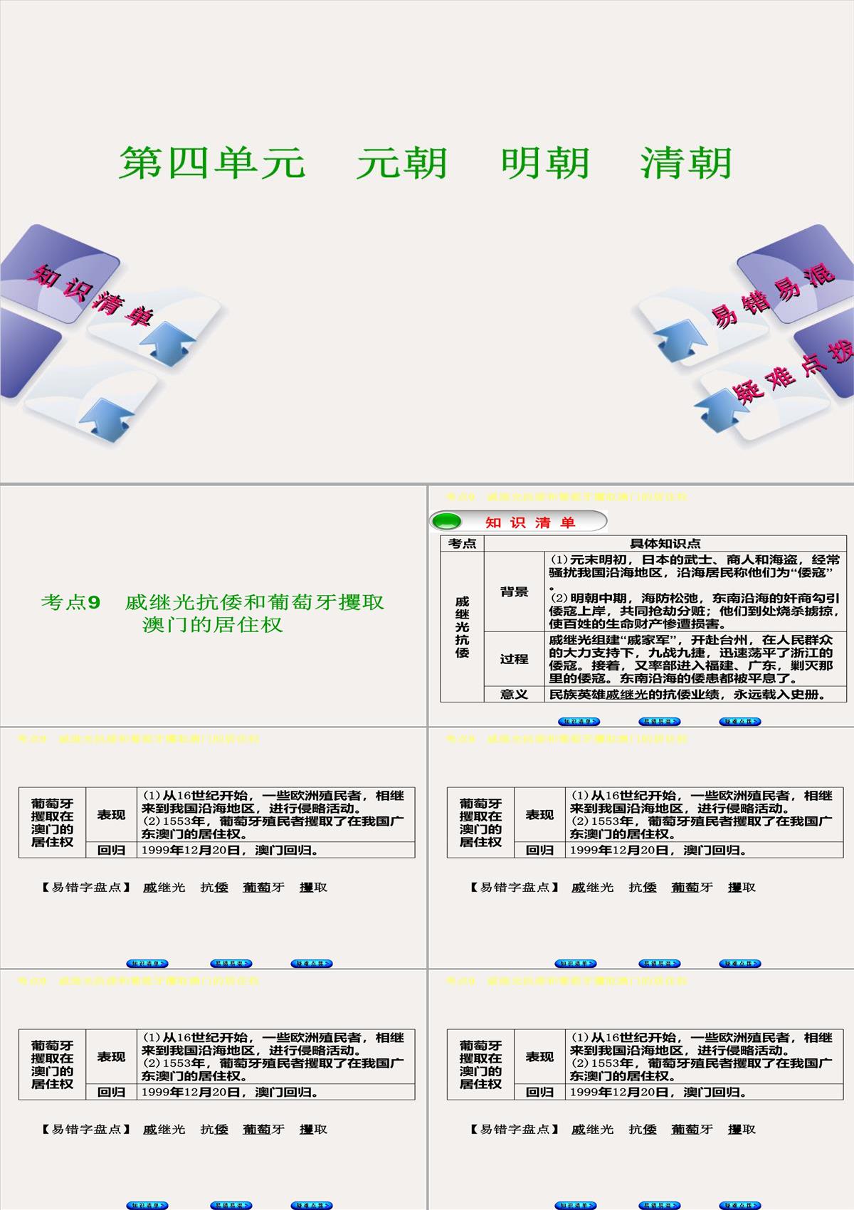 中考歷史復習-中國古代史-考點9-戚繼光抗倭和葡萄牙攫取澳門的居住權課件PPT模板