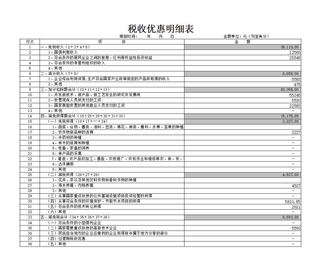 税收优惠明细表Excel模板