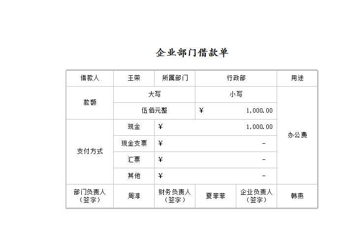 企業部門借款單Excel模板