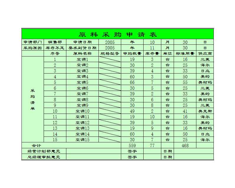 企业原料采购登记表Excel模板