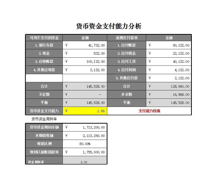 貨幣資金支付能力分析表Excel模板