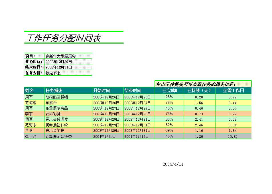 工作任务分配时间表Excel模板