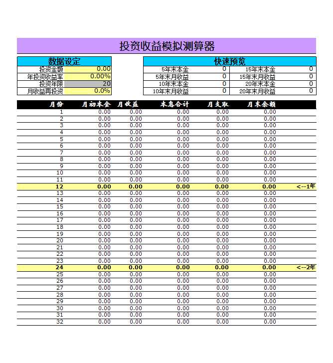 投資收益模擬測算器Excel模板