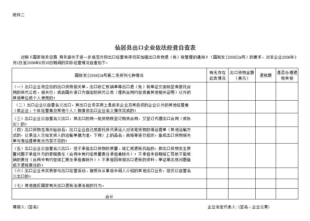 出口企業依法經營自查表Excel模板