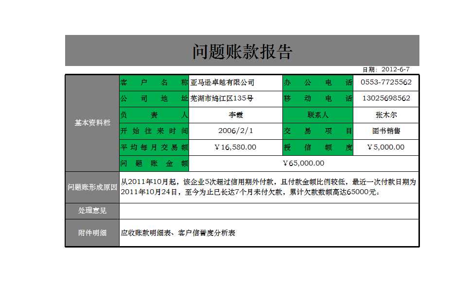 問題賬款報告Excel模板