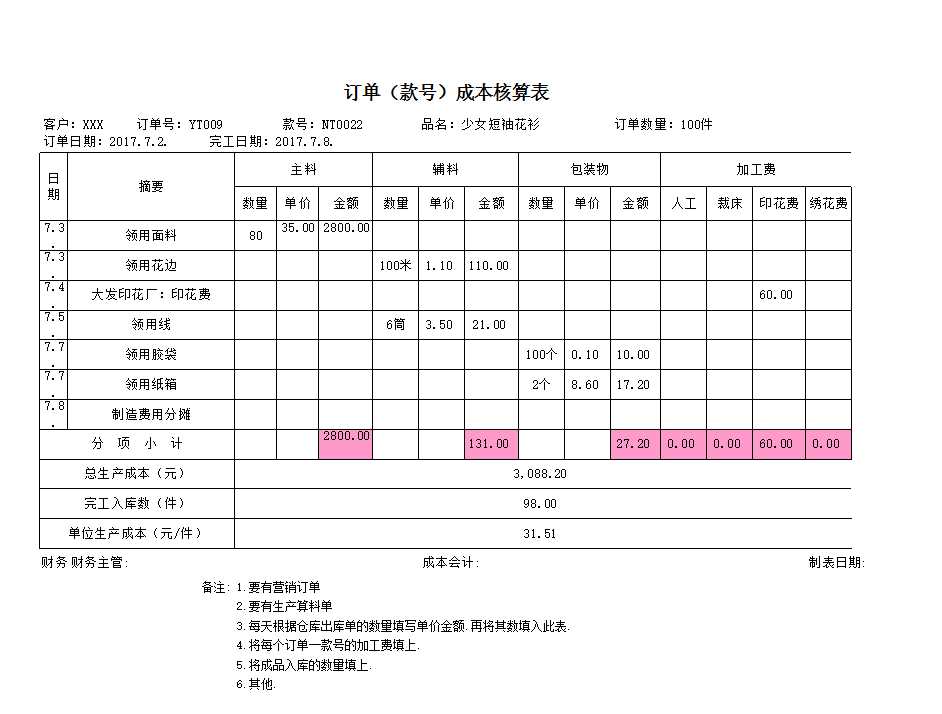 訂單（款號）成本核算表Excel模板