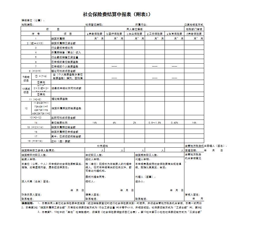 社保费结算附表Excel模板