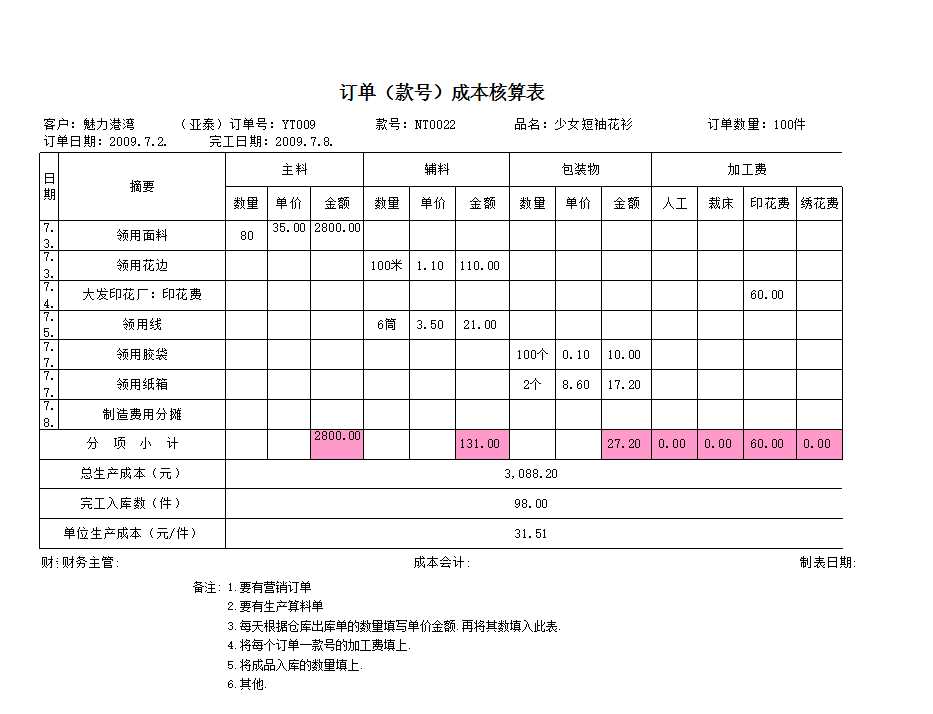 订单（款号）成本核算表--样板Excel模板