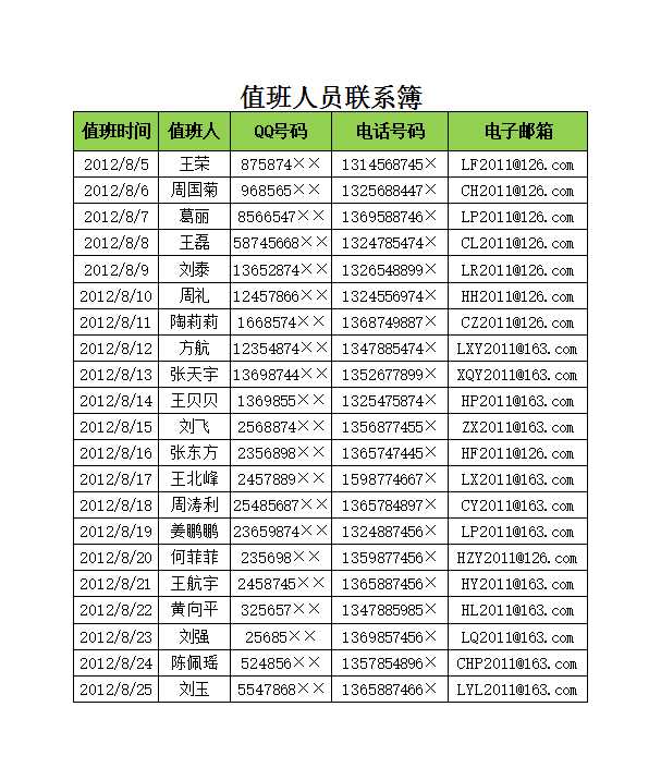 值班人員聯(lián)系薄Excel模板