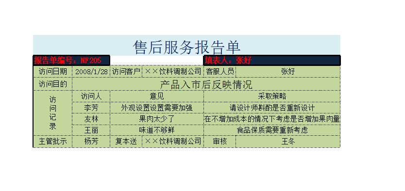 售后服务报告单Excel模板