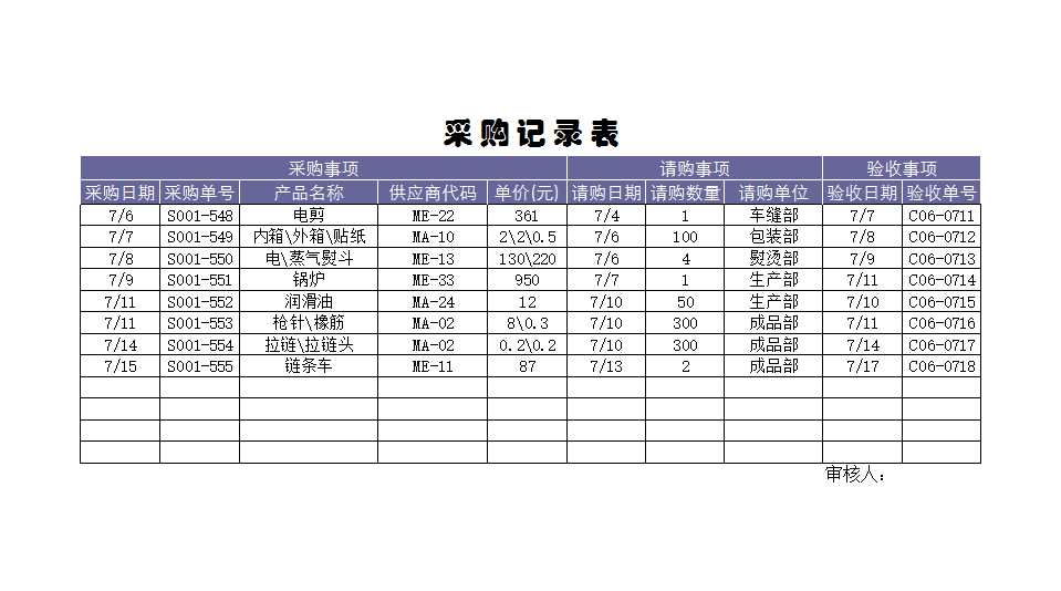 采购记录表Excel模板