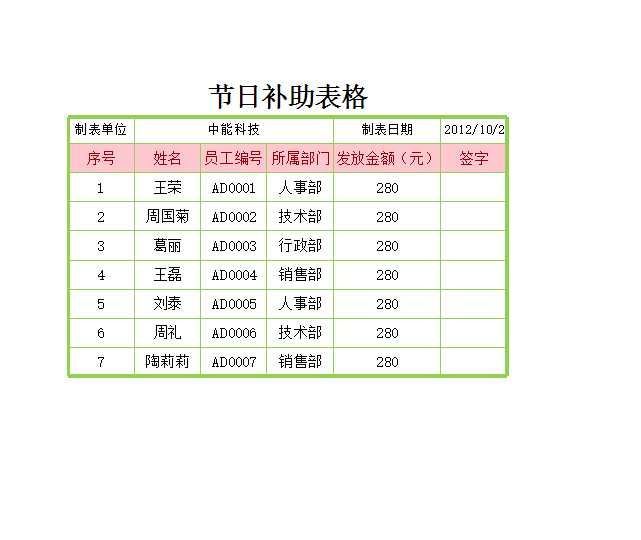 节日补助表Excel模板