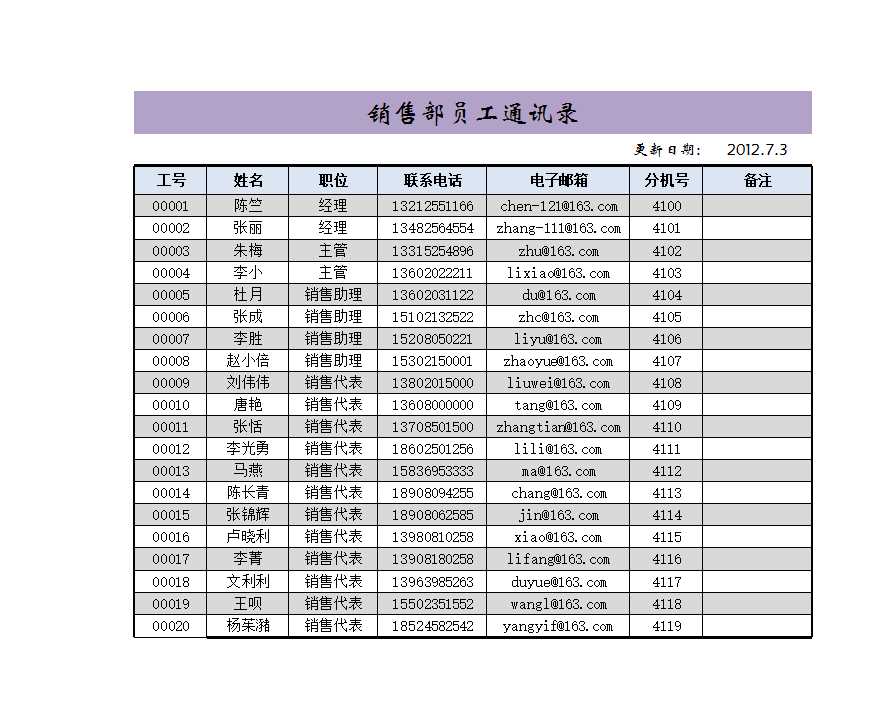 销售部员工通讯录Excel模板