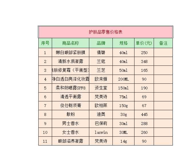 商品零售價格表Excel模板