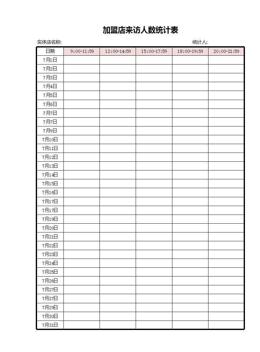 加盟店來訪人數統計表Excel模板