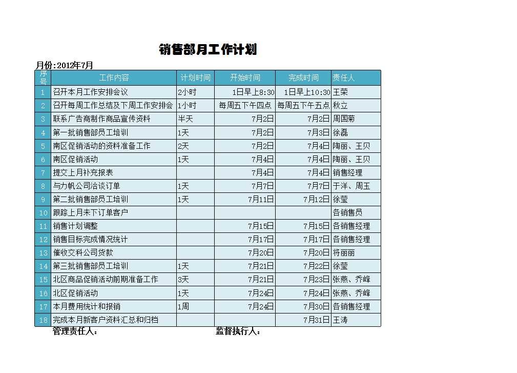 銷售部月度工作計劃Excel模板