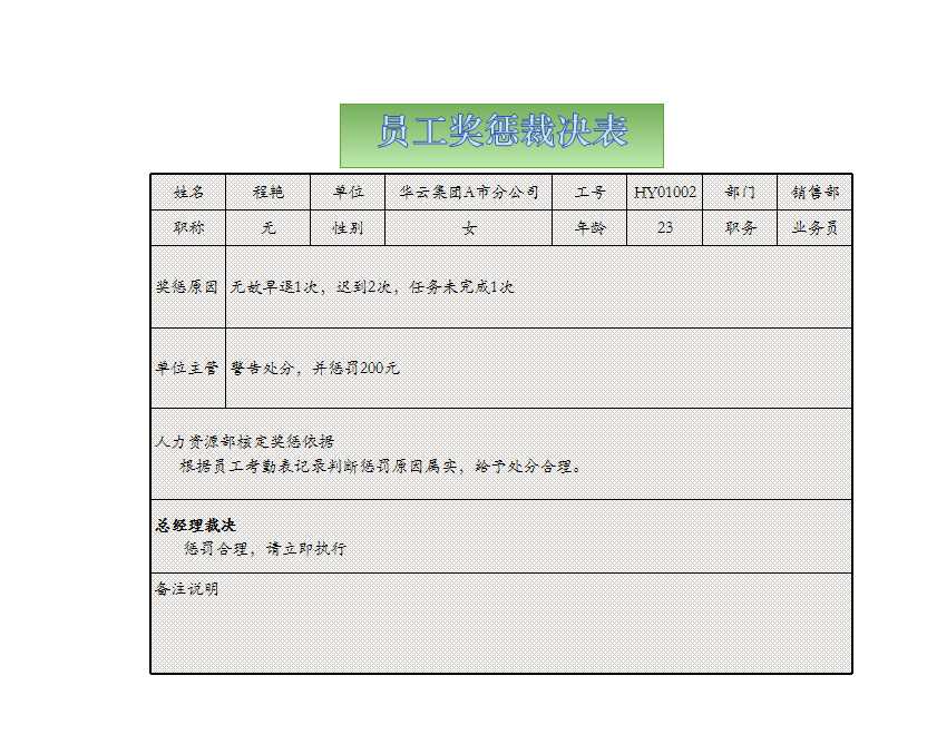 員工獎(jiǎng)懲裁決表 Excel模板