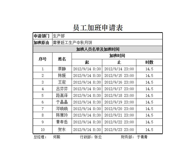 员工加班申请表 Excel模板