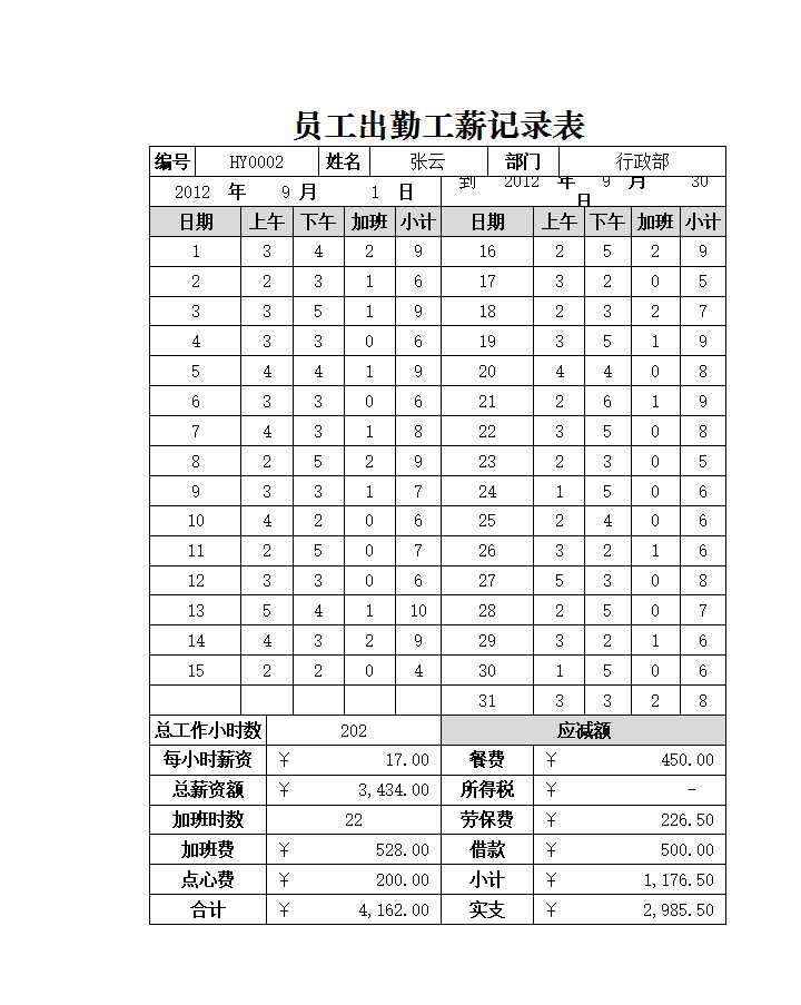 員工出勤工薪記錄表 Excel模板