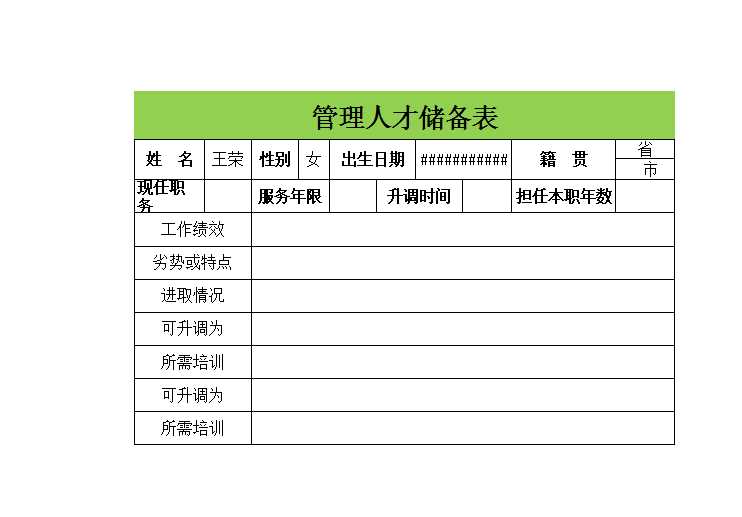 管理人才储备表 Excel模板